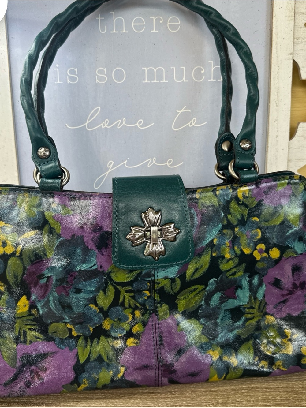Patricia Nash Rosina Leather Satchel in the "Deep Blue Nature" floral pattern
